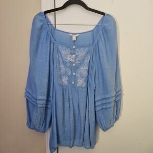 NwoT Light Blue Embroidered Blouse Sz XL Balloon Sleeves Boho Coastal Country